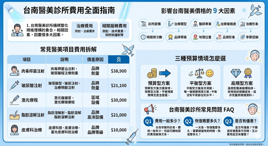 在尋找台南醫美診所時，了解不同療程的費用結構非常重要。無論是注射微整形、激光治療還是皮膚科治療，價格都會受到多種因素影響。本文將為你詳細拆解台南醫美診所的費用組成，並介紹如何根據預算選擇適合的療程。了解各種費用，讓你能夠更加輕鬆地選擇最符合需求的醫美服務。