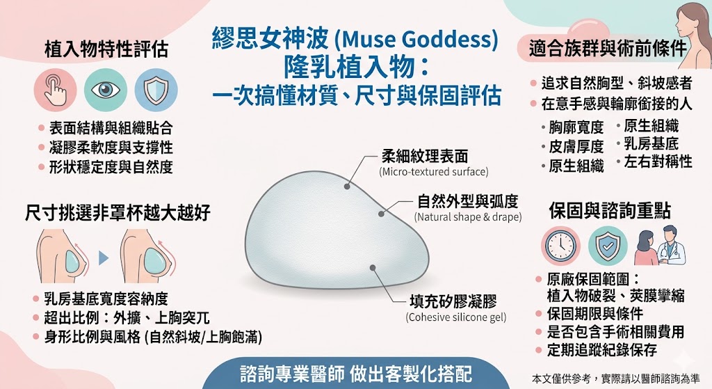 想要選擇適合自己的隆乳植入物，繆思女神波（Muse Goddess）是一個備受推崇的選項。它以柔細的紋理表面設計、自然的胸型外觀以及多樣的尺寸選擇，成功吸引了許多女性的注意。在選擇繆思女神波時，了解其材質特性、合適的尺寸及保固服務非常重要。這篇文章將幫助您了解如何挑選繆思女神波，並帶您了解它如何滿足不同需求，讓您擁有完美胸型。