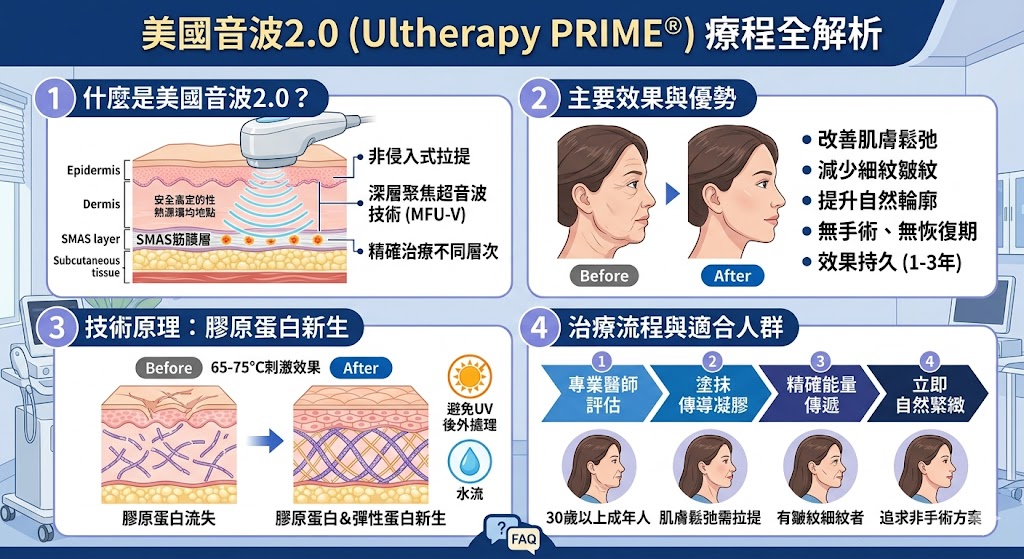美國音波2.0（Ultherapy PRIME® 極透+）是一種非侵入式的音波拉提療程，採用高強度聚焦超音波技術，專門針對臉部不同層次進行精確治療。此療程能有效改善肌膚鬆弛、細紋與輪廓不明，並刺激膠原蛋白再生，達到緊緻拉提效果。相較於傳統手術， 美國音波2.0無需恢復期，並且能長時間維持效果，是許多注重美麗與健康的人群首選。