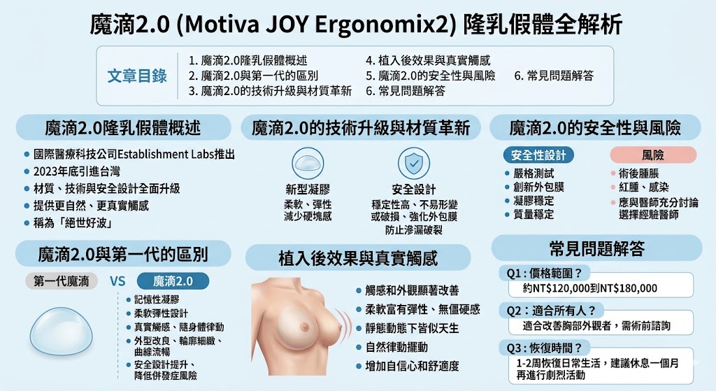 魔滴2.0（Motiva JOY Ergonomix2）是國際醫療科技公司Establishment Labs推出的全新隆乳假體，具備優越的觸感與外觀效果。相較於第一代魔滴，魔滴2.0在材質與技術上實現了全面升級，使植入後的乳房更自然、更接近真實觸感。這款假體特別適合追求舒適與美觀的女性，是目前市場上最先進的隆乳選擇之一。選擇魔滴2.0，你將獲得絕世好波般的外觀與真實感。
