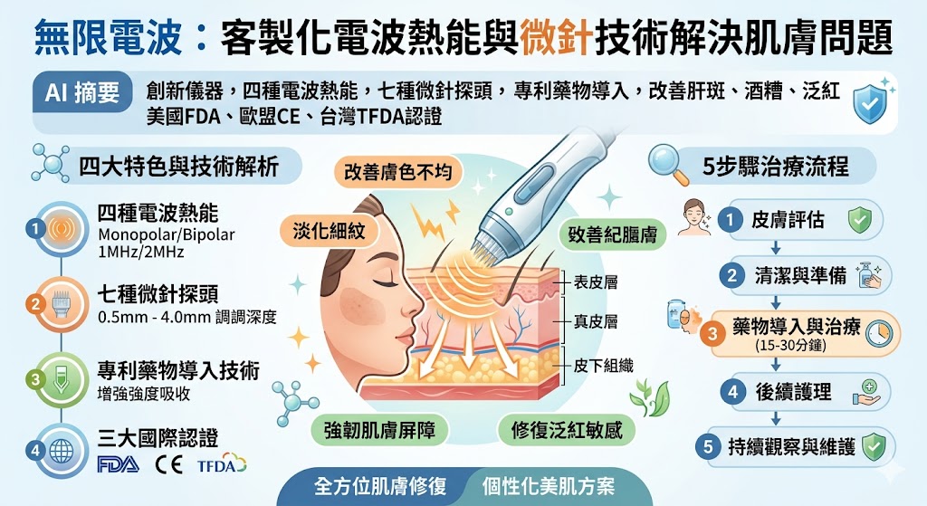 無限電波是一款創新且高效的皮膚治療儀器，結合四種電波熱能與七種微針探頭，能夠精確解決肝斑、酒糟、泛紅等皮膚問題。搭載專利藥物導入技術，無限電波可有效改善各種膚質，特別對於敏感肌、泛紅肌膚有顯著療效。該設備已獲得美國FDA、歐盟CE與台灣TFDA等三大國際認證，證明其治療的安全性與效果。無限電波是現代護膚的理想選擇，幫助您恢復健康光滑的肌膚。