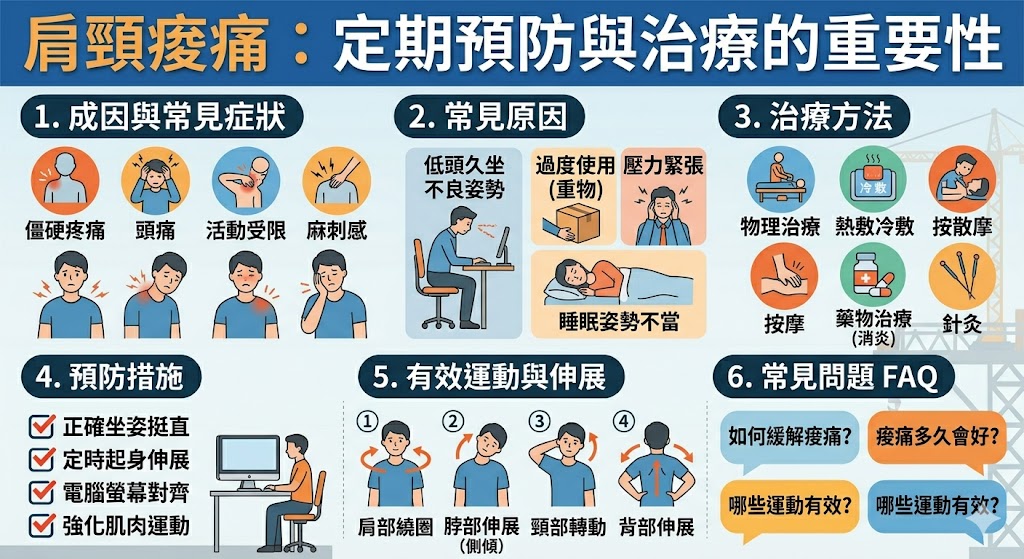 肩頸痠痛是現代人常見的健康問題，尤其是長時間伏案工作或壓力過大時，容易引發肩頸部的僵硬與不適。本文將介紹肩頸痠痛的成因、症狀、治療方法，以及如何通過定期的運動、調整姿勢來預防肩頸痠痛。了解如何改善不良生活習慣，並有效緩解肩頸痠痛，對於提高生活質量與健康至關重要。