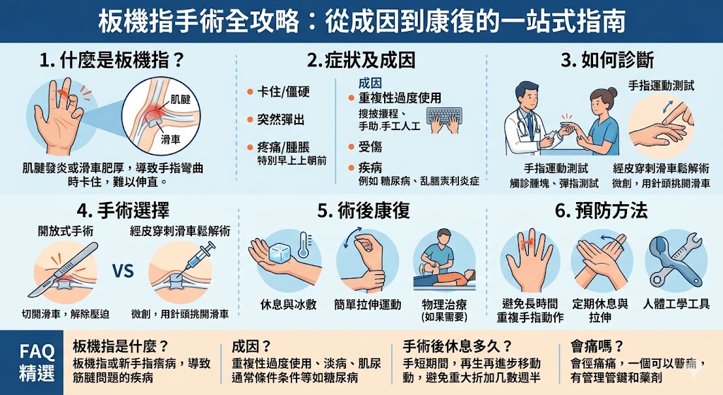 板機指手術是一種常見的手部治療方法，專門用於解決板機指所帶來的困擾。板機指，又稱觸發指，是由於手指的肌腱或關節發炎，導致手指卡住或僵硬的情況。當非手術治療無效時，板機指手術是最有效的解決方案。這篇文章詳細介紹了板機指的成因、症狀、手術方法與術後康復，幫助讀者了解如何選擇適合的治療方式來改善生活質量。