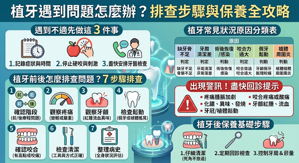 植牙前後若出現疼痛、腫脹、假牙鬆動、咬合不適或清潔困難，應先判斷問題發生階段，再依症狀、時間與口腔狀況安排檢查。本文整理植牙常見原因、排查步驟、術後警訊與保養重點，幫助讀者了解植牙評估該注意什麼、植牙後哪些情況需要盡快回診，並建立正確清潔與定期追蹤觀念，降低拖延造成問題惡化的風險。